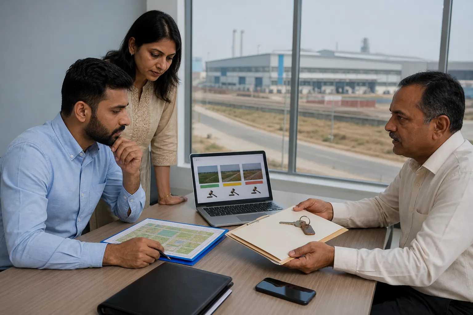 Three people at a table in an industrial office, a laptop showing listings, a coloured layout plan open and a file with keys on it, factory buildings outside