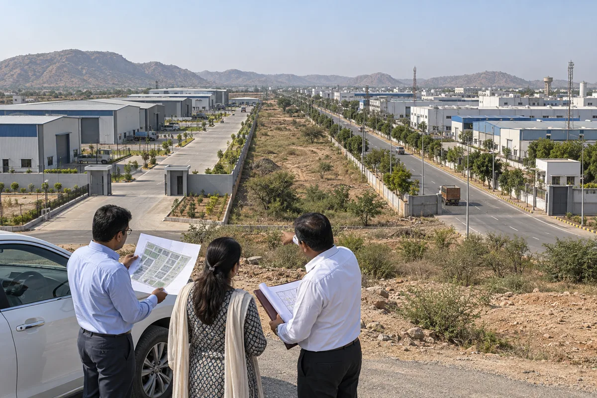 Two industrial-property buyers and an adviser comparing layout plans from a roadside viewpoint overlooking two differently planned factory estates in the Bhiwadi belt