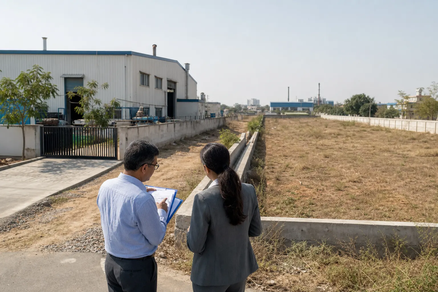 Two people with a clipboard walking the edge of a vacant industrial plot, a factory shed and boundary wall running alongside