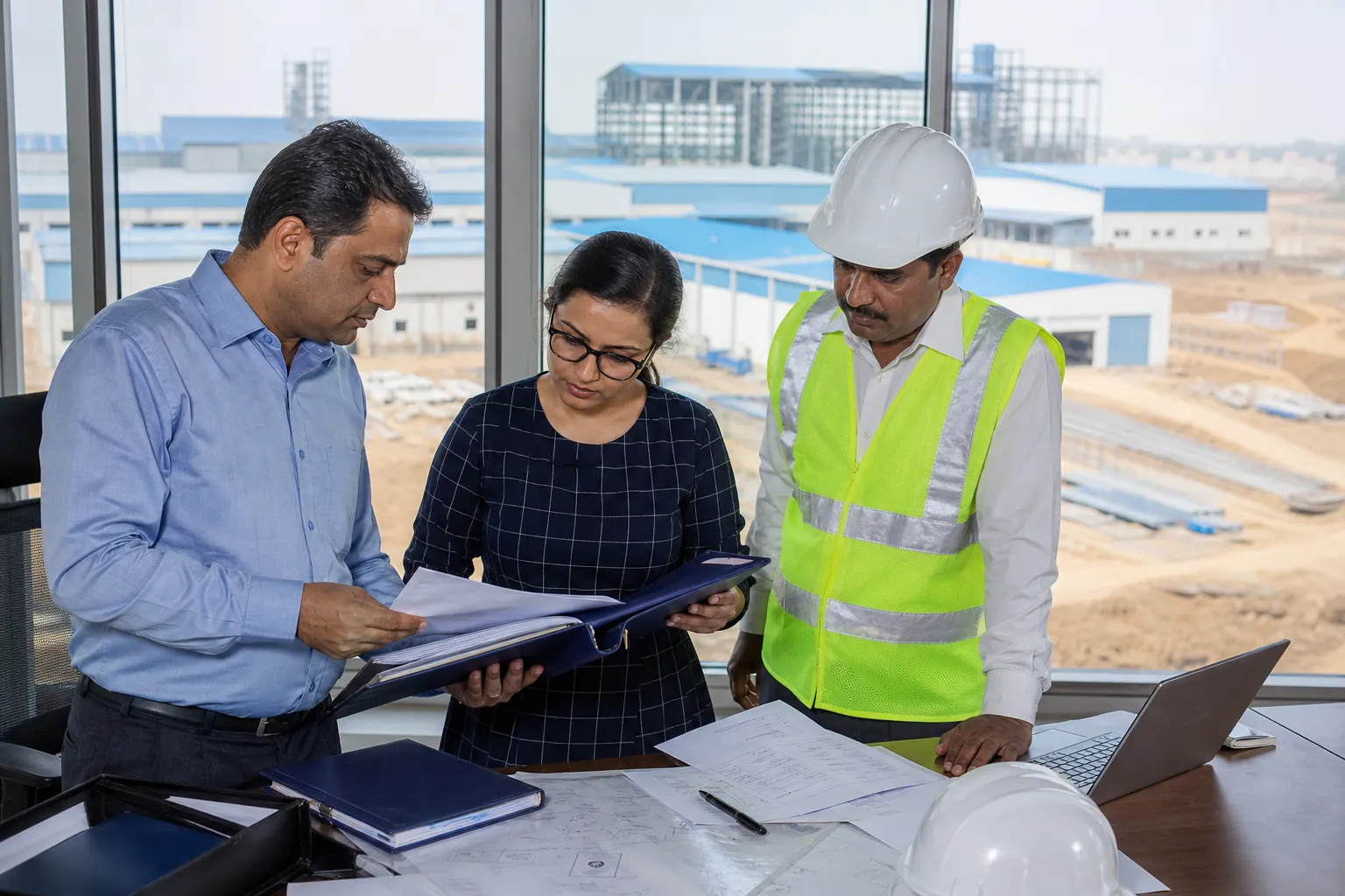 A manufacturer, adviser and engineer reviewing an industrial project file in a site office, with a new factory complex under construction through the window