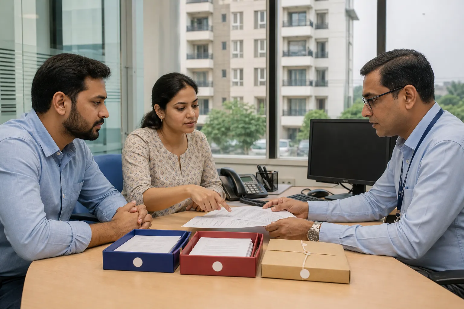A couple and a bank officer going through papers across a desk in a branch office, three document boxes between them and an apartment tower outside