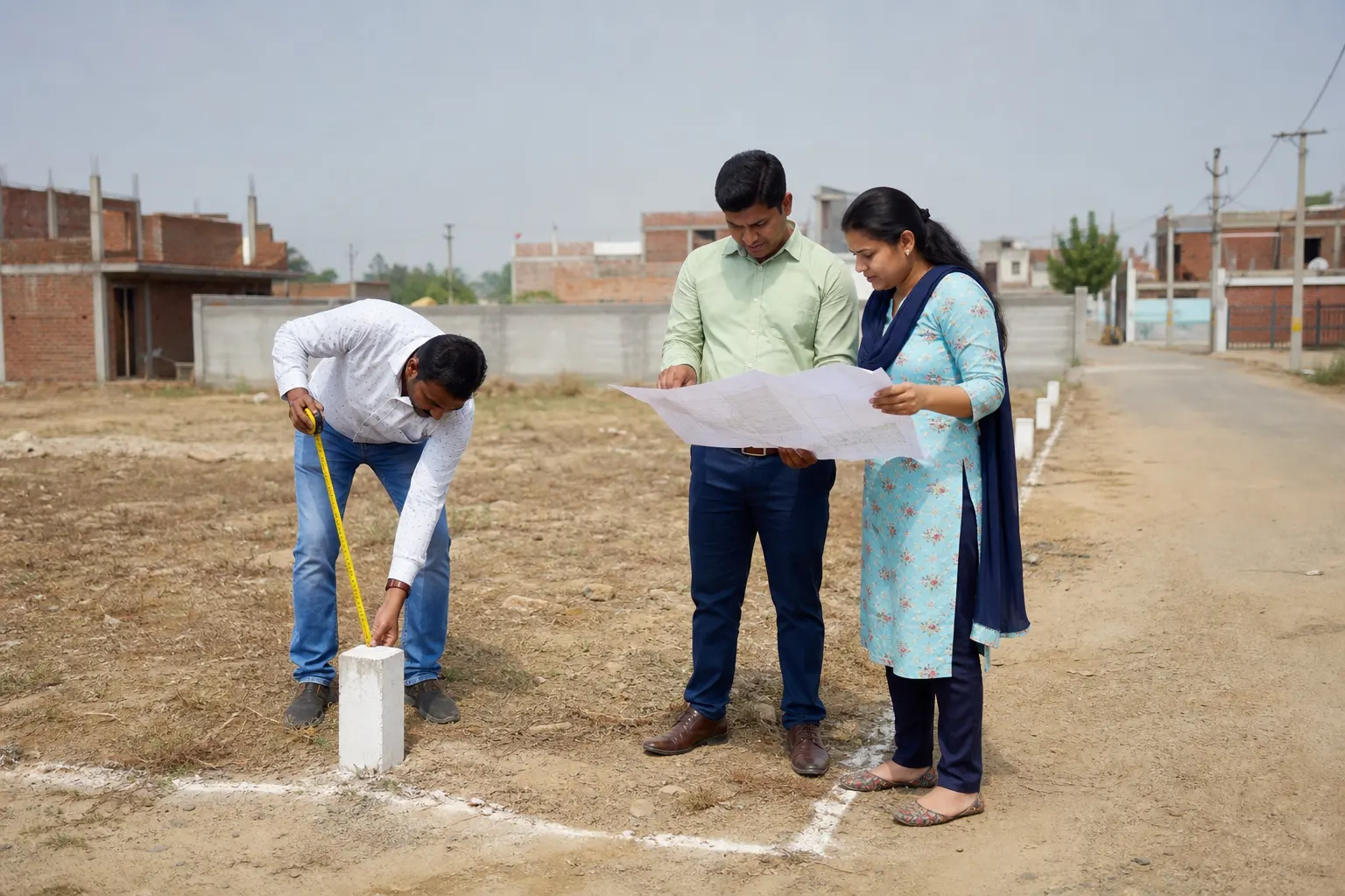 Three people on a vacant plot, one measuring from a painted corner marker while two read an unrolled layout plan held open between them, half-built houses along the street behind