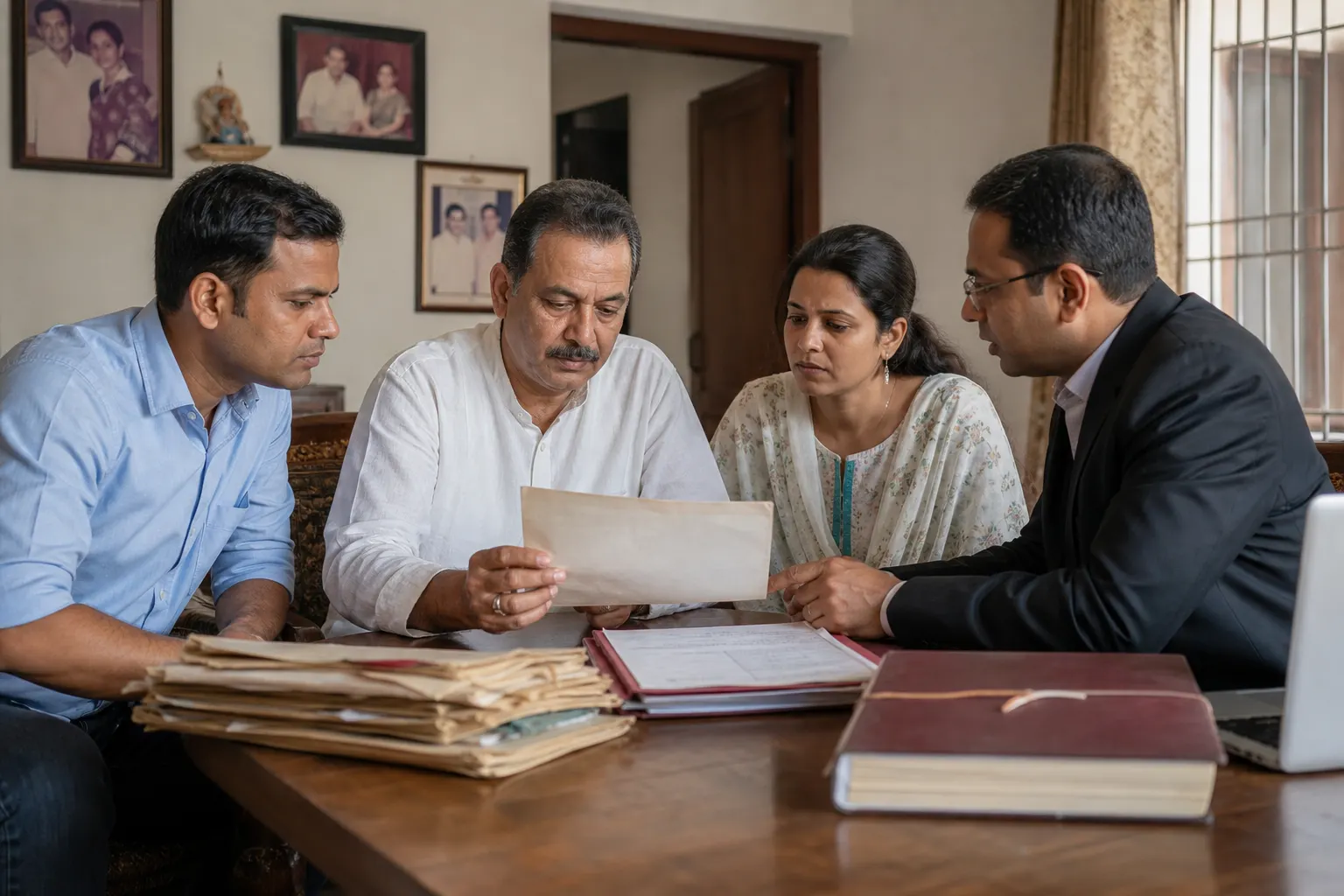 A family and an advocate around a table reading an old document, tied bundles of records and a ledger in front of them, framed family photographs on the wall