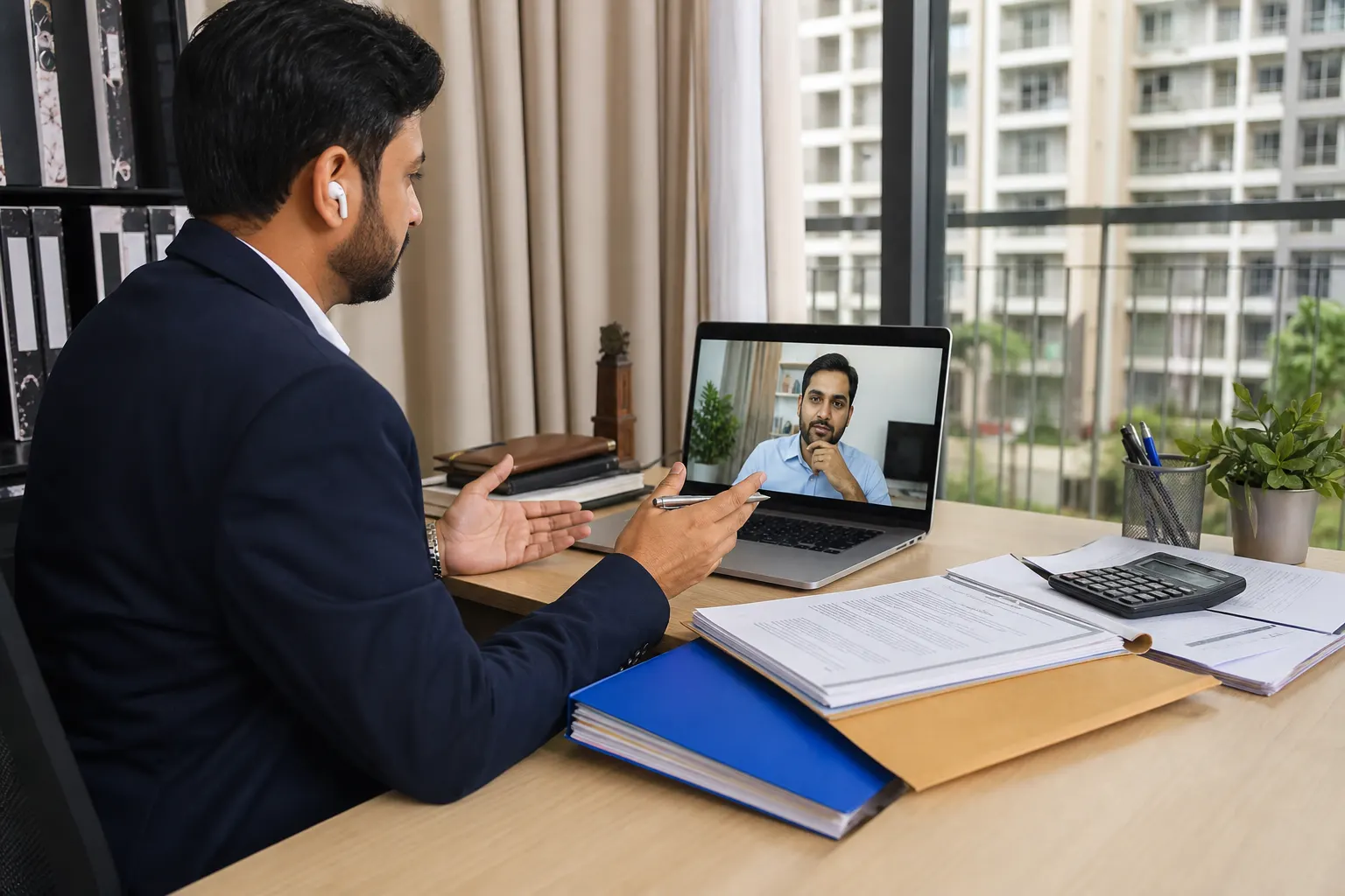 An overseas owner on a video call at a desk, printed papers, a calculator and folders stacked beside the laptop, an apartment tower through the window