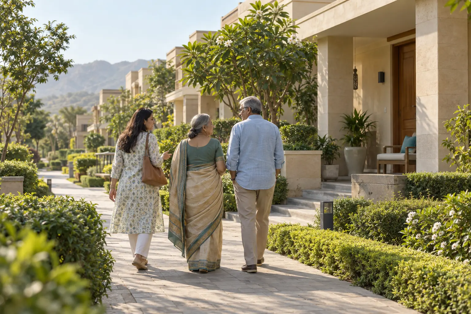 An older Indian couple walking with their adult daughter through a landscaped senior-living villa community