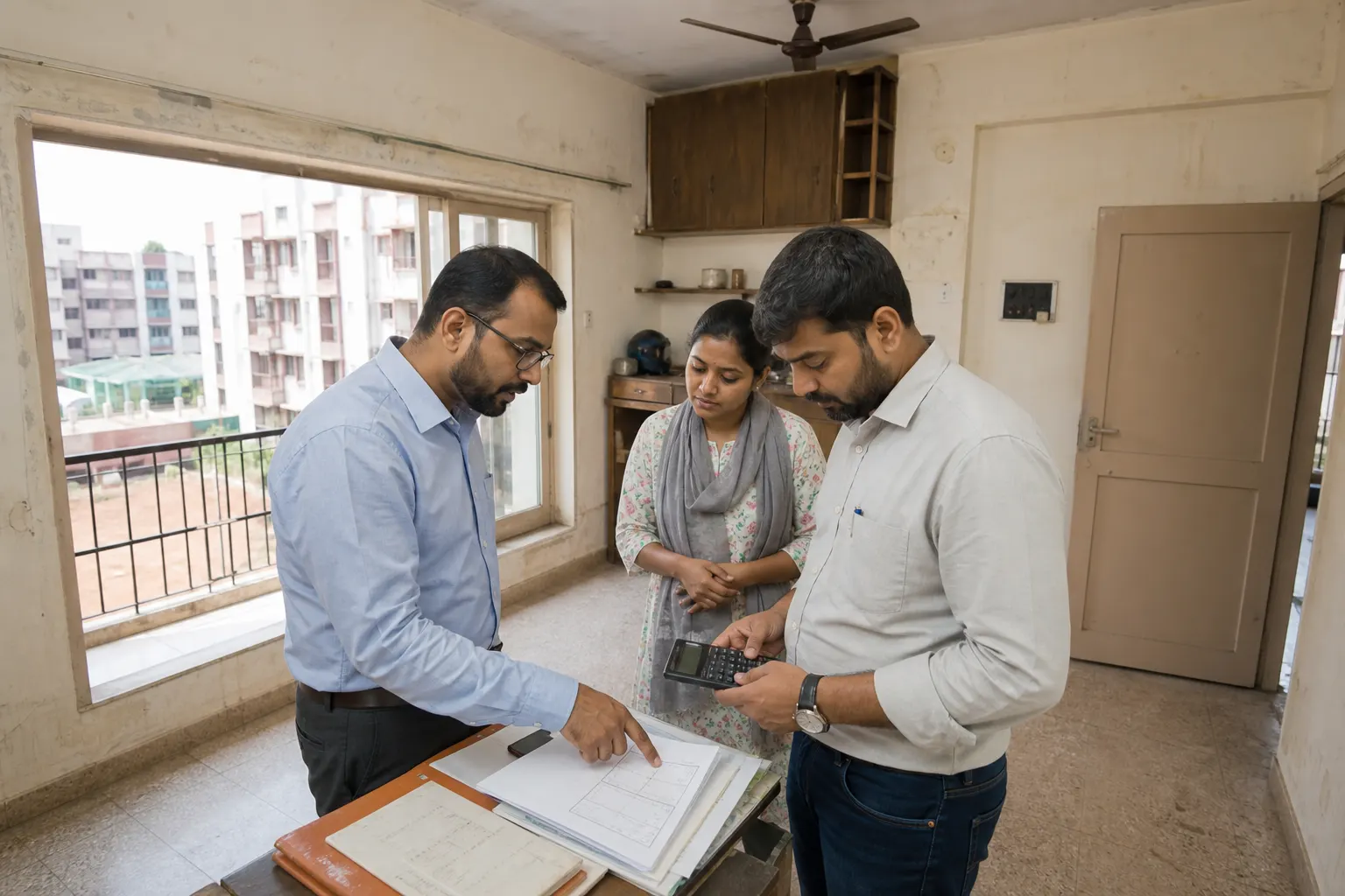A buyer, adviser and engineer checking plans and figures inside a worn older apartment, with ageing walls, cupboards and neighbouring blocks visible