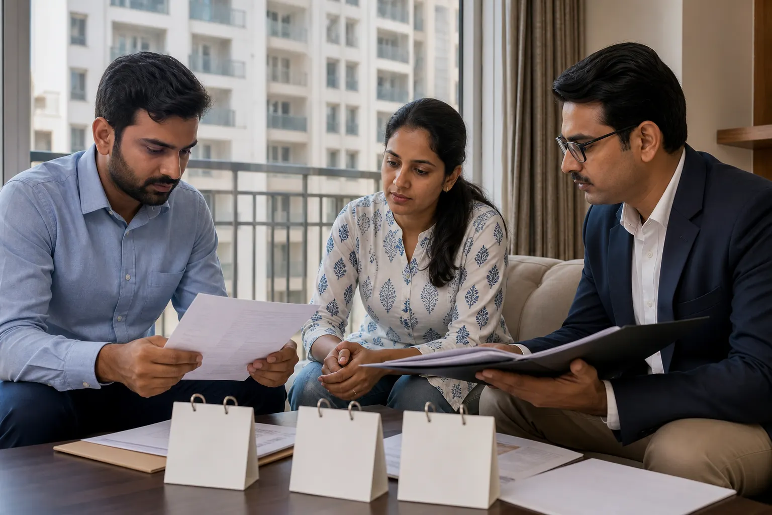 A couple and property professional reviewing a recent flat resale file, with three blank timeline cards on the table and occupied apartment towers behind