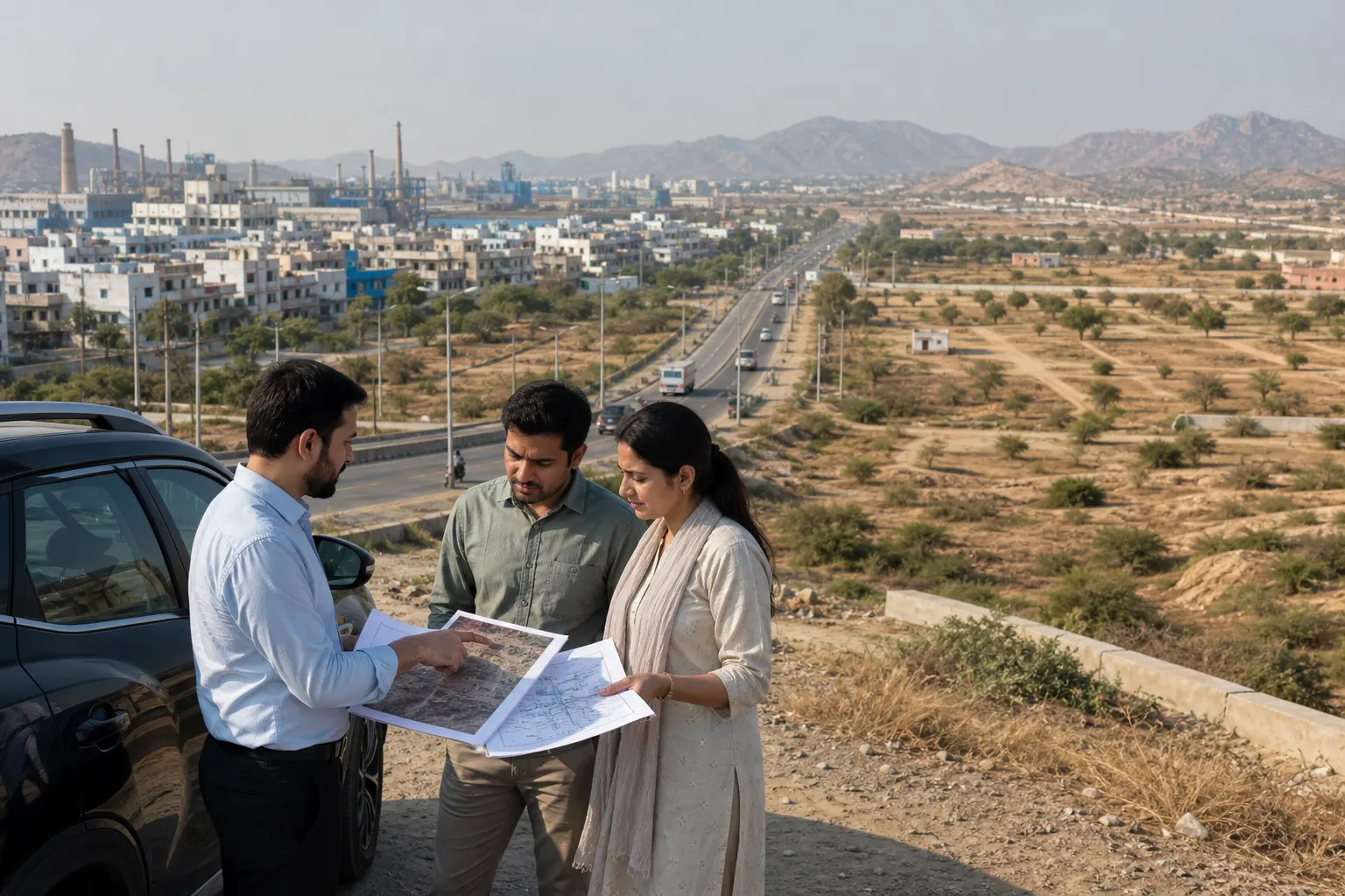 Illustration: a couple and adviser beside a car comparing site maps above the Tijara to Tapukara corridor, with dense housing and industry at one end and open plotted land toward the hills