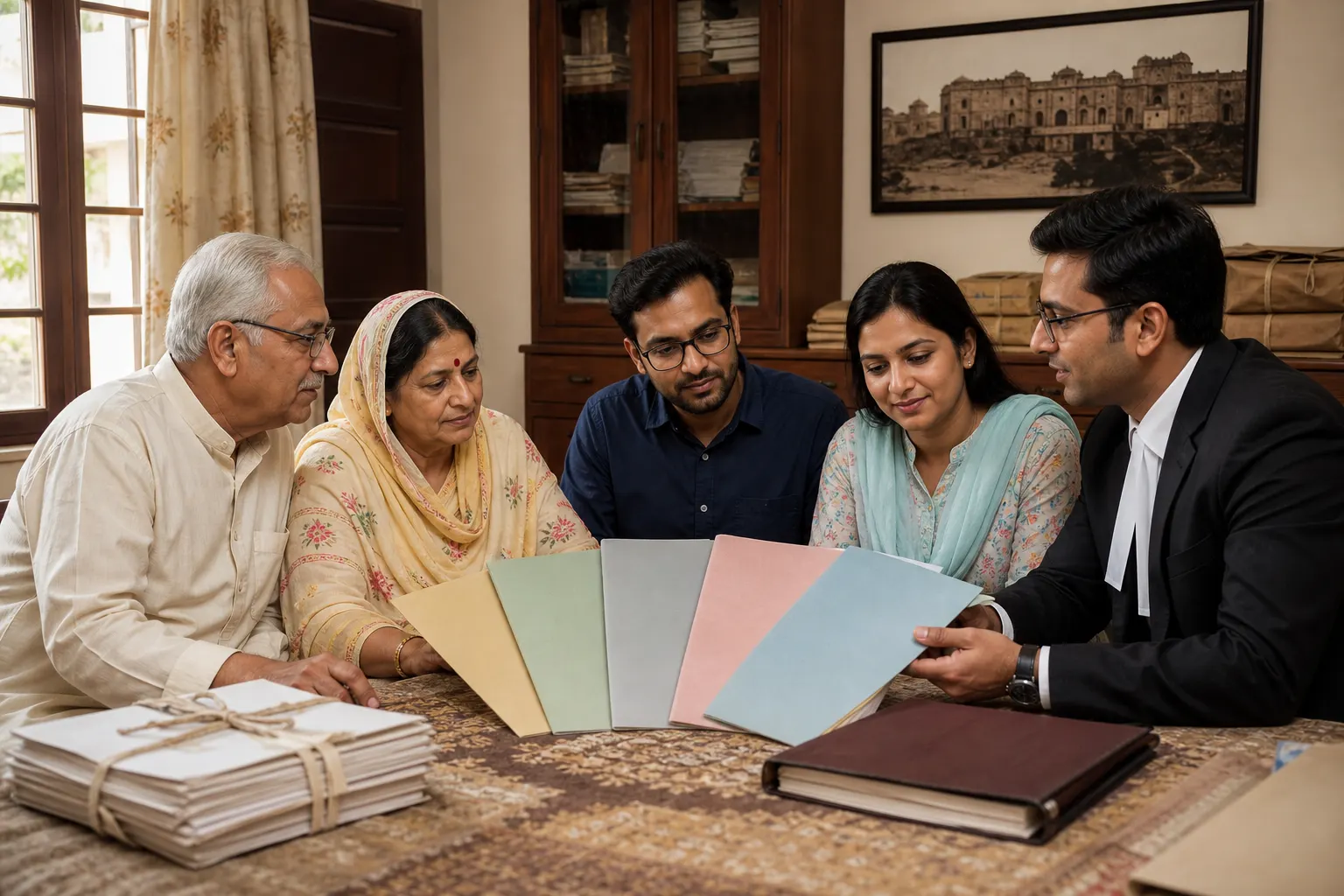 Older parents, two adult children and an advocate around a table comparing five coloured property folders beside tied bundles of ancestral records