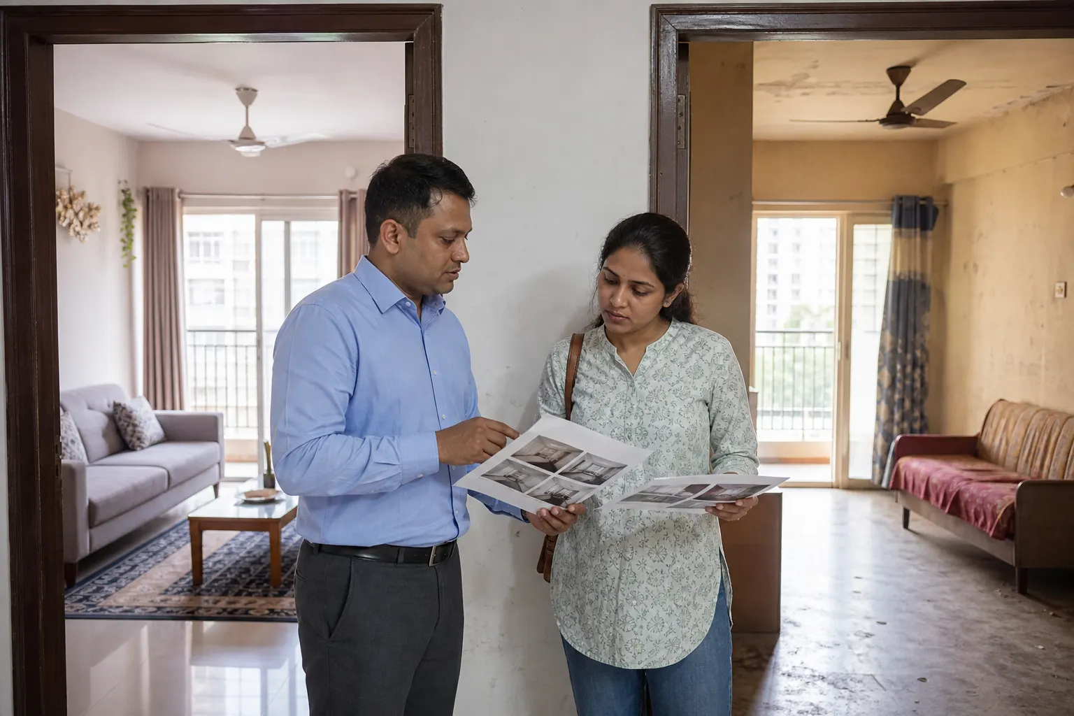 A buyer and property adviser standing between two similar apartment living rooms, comparing photo sheets while one unit is maintained and furnished and the other shows visible wear