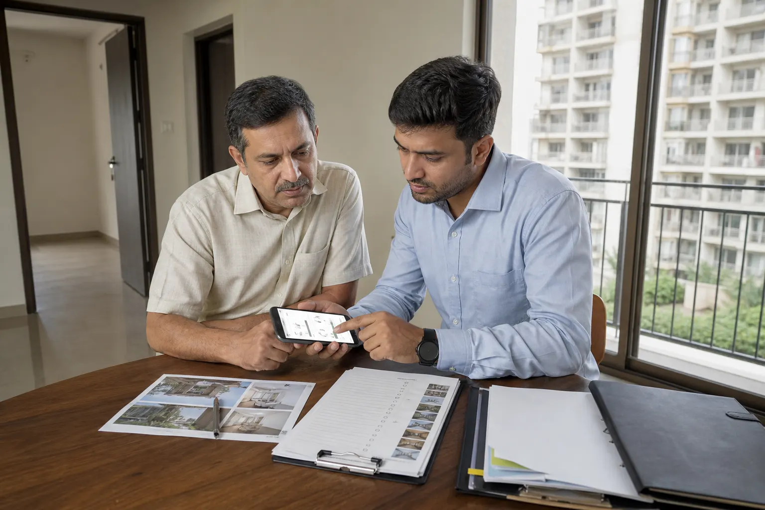 A flat owner and an adviser at a dining table looking at a property listing on a phone, printed photo sheets and an open folder in front of them