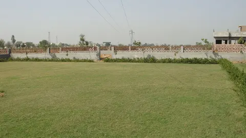 Green boundary wall and lawn area inside Dwarkadhis City