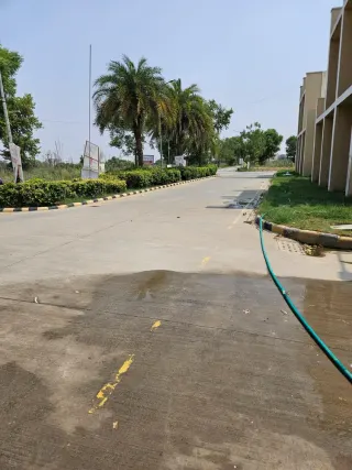 Concrete internal road with a kerbed hedge and palms inside Terra City township, Alwar Bhiwadi Road