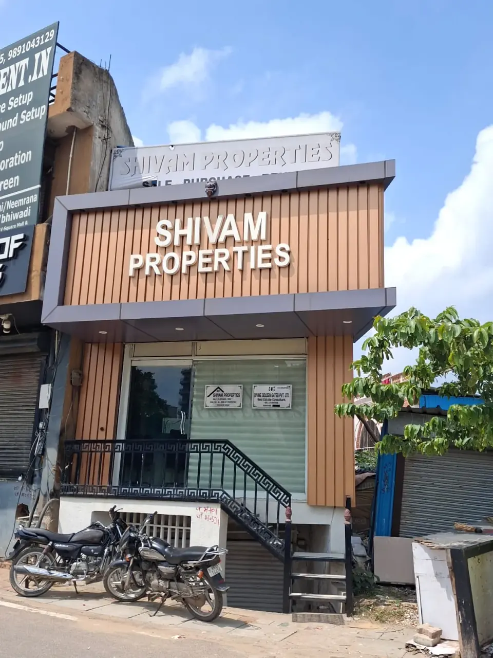 Shivam Properties office front with signboard, Alwar Bypass Road, Bhiwadi