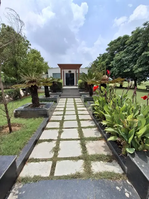 Paved walkway with grass joints leading to the single-storey site office at Aqasia Enclave, between planted beds and cycad palms