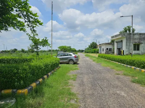 Internal road at Krish Season running past a single-storey building, with clipped hedges and planted verges either side
