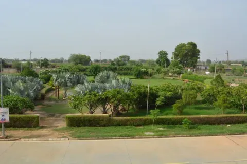 Landscaped park with palms inside Terra City township, open fields beyond